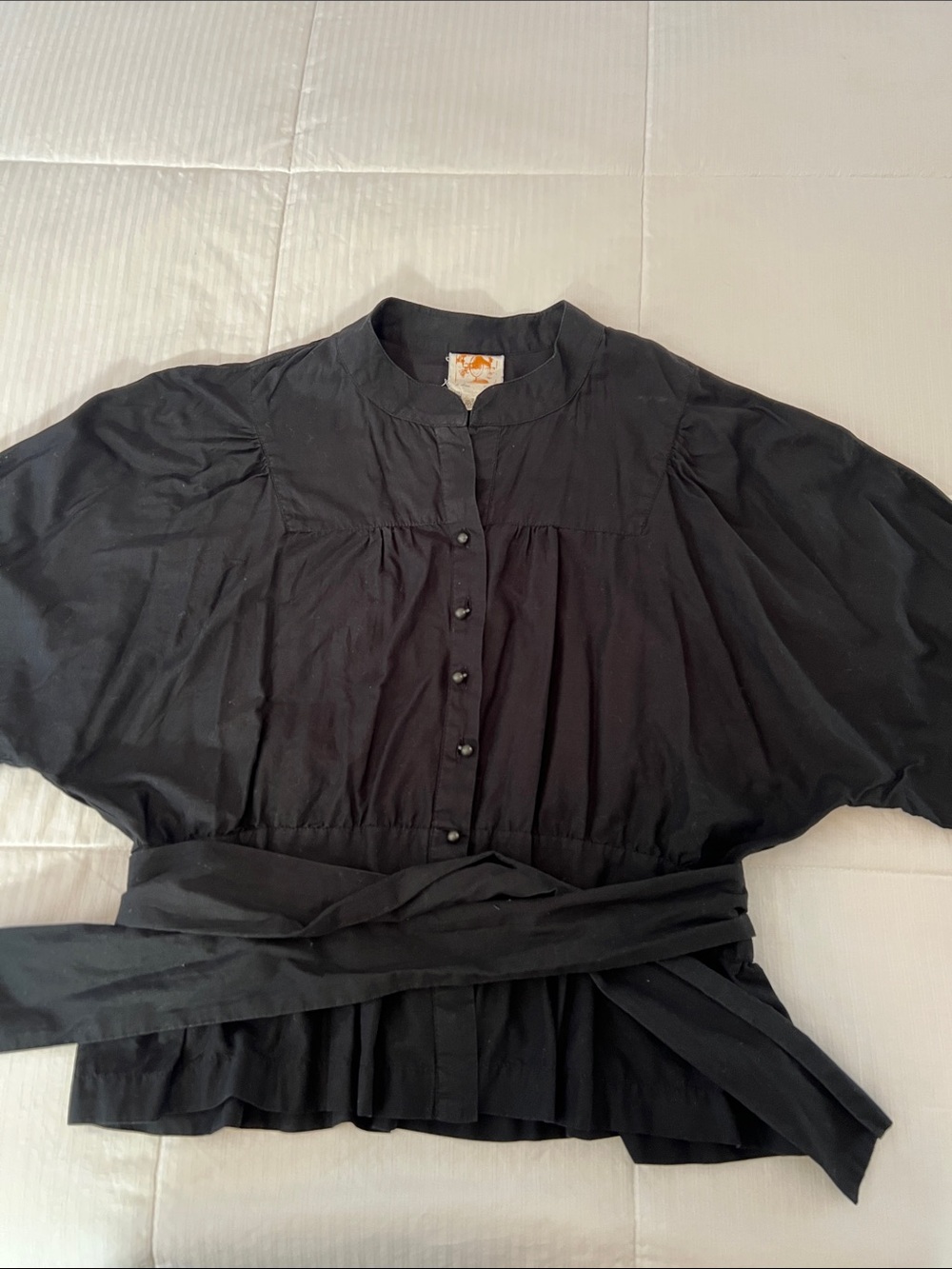 Vintage Anthropologie Black Button-Front Peplum Blouse with Waist Tie